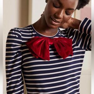 Boden Navy Striped Top with Red Bow
